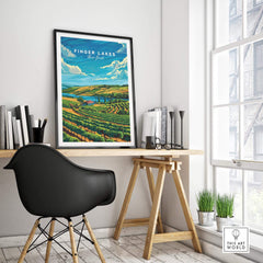 Finger Lakes Poster showcasing vibrant landscapes and charm of New York in a stylish office setting.