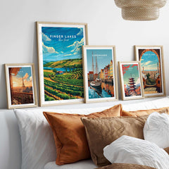 Finger Lakes Poster displayed among travel art prints on a stylish wall, perfect for home decor.