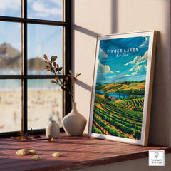 Finger Lakes Poster framed and displayed on a windowsill with a scenic view of vineyards and a beach.