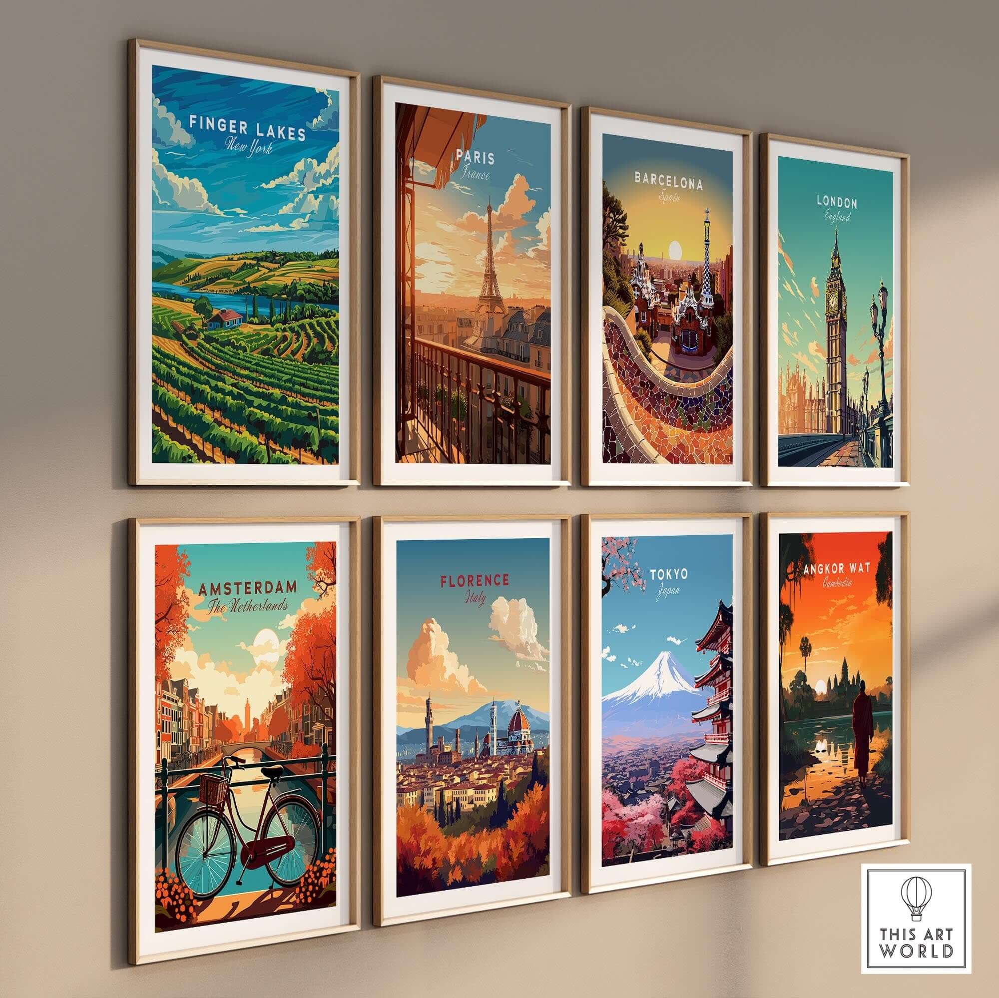 Finger Lakes Poster displayed among iconic city travel posters showcasing vibrant artwork.