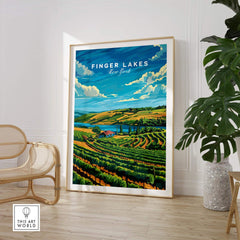 Finger Lakes Poster showcasing vibrant vineyards and landscapes of New York State, perfect for home decor.