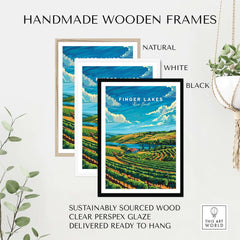 Finger Lakes Poster showcased in handmade wooden frames in natural, white, and black finishes.
