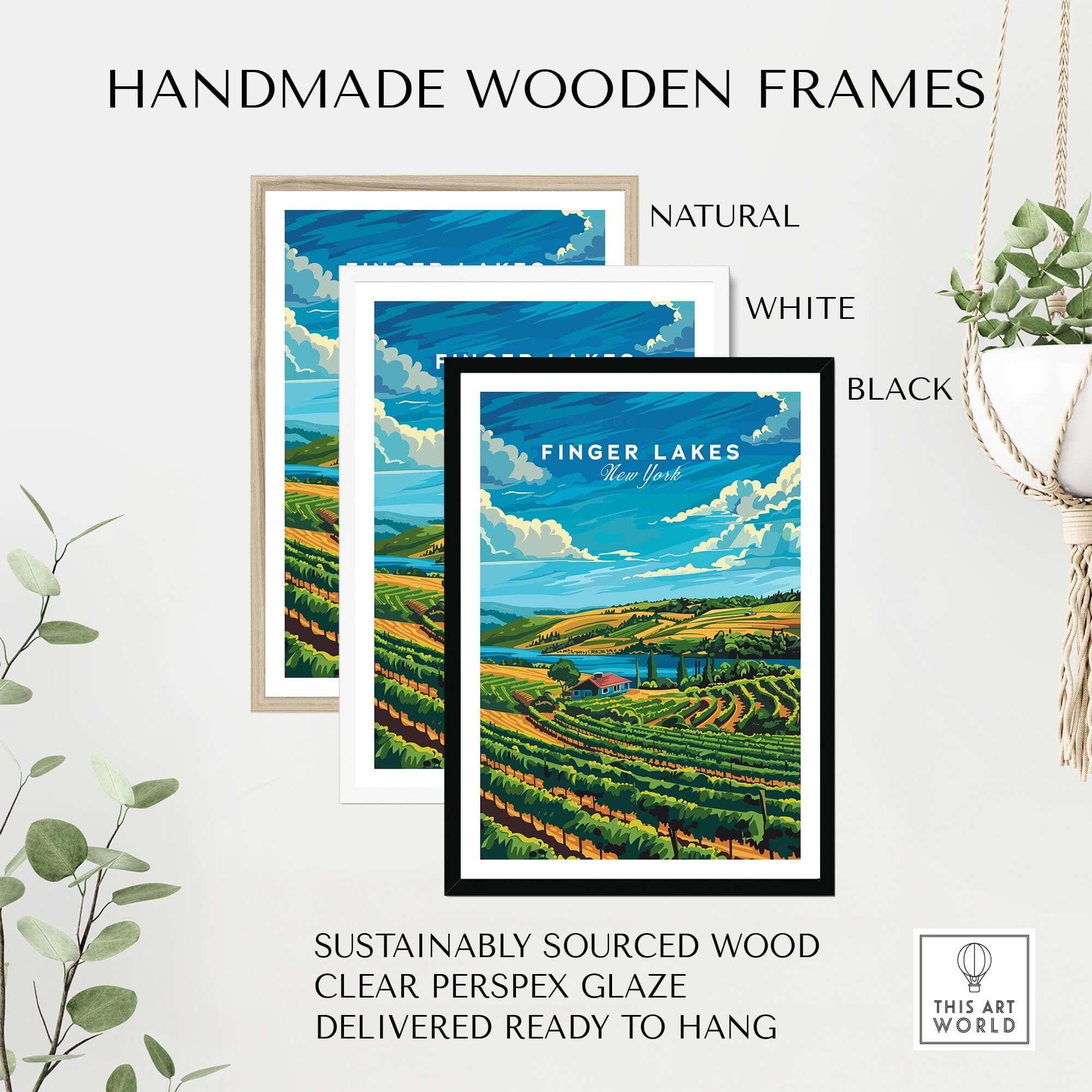 Finger Lakes Poster showcased in handmade wooden frames in natural, white, and black finishes.