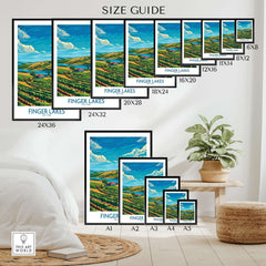 Finger Lakes Poster - Modern size guide showcasing various frame sizes and styles for home decor.