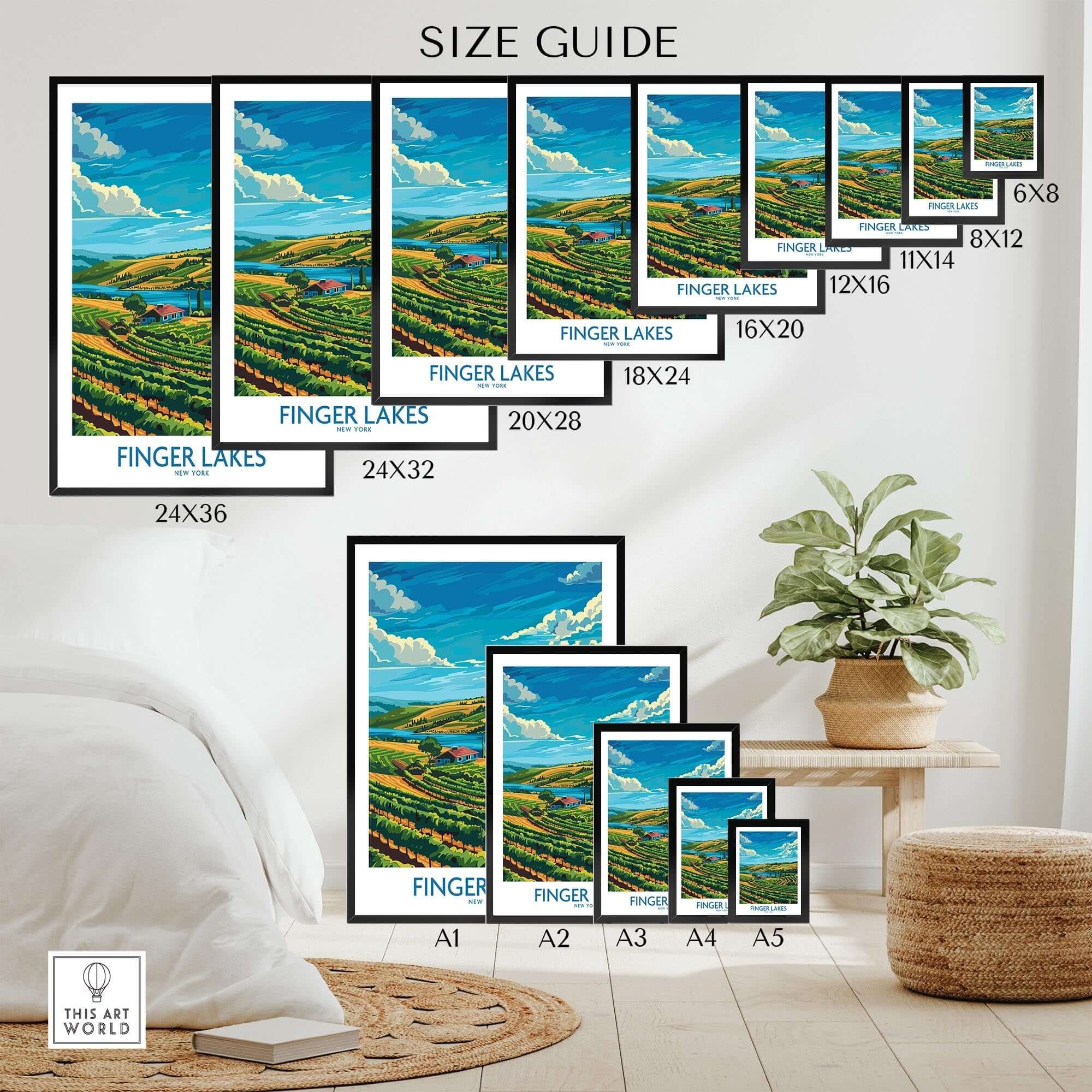 Finger Lakes Poster - Modern size guide showcasing various frame sizes and styles for home decor.