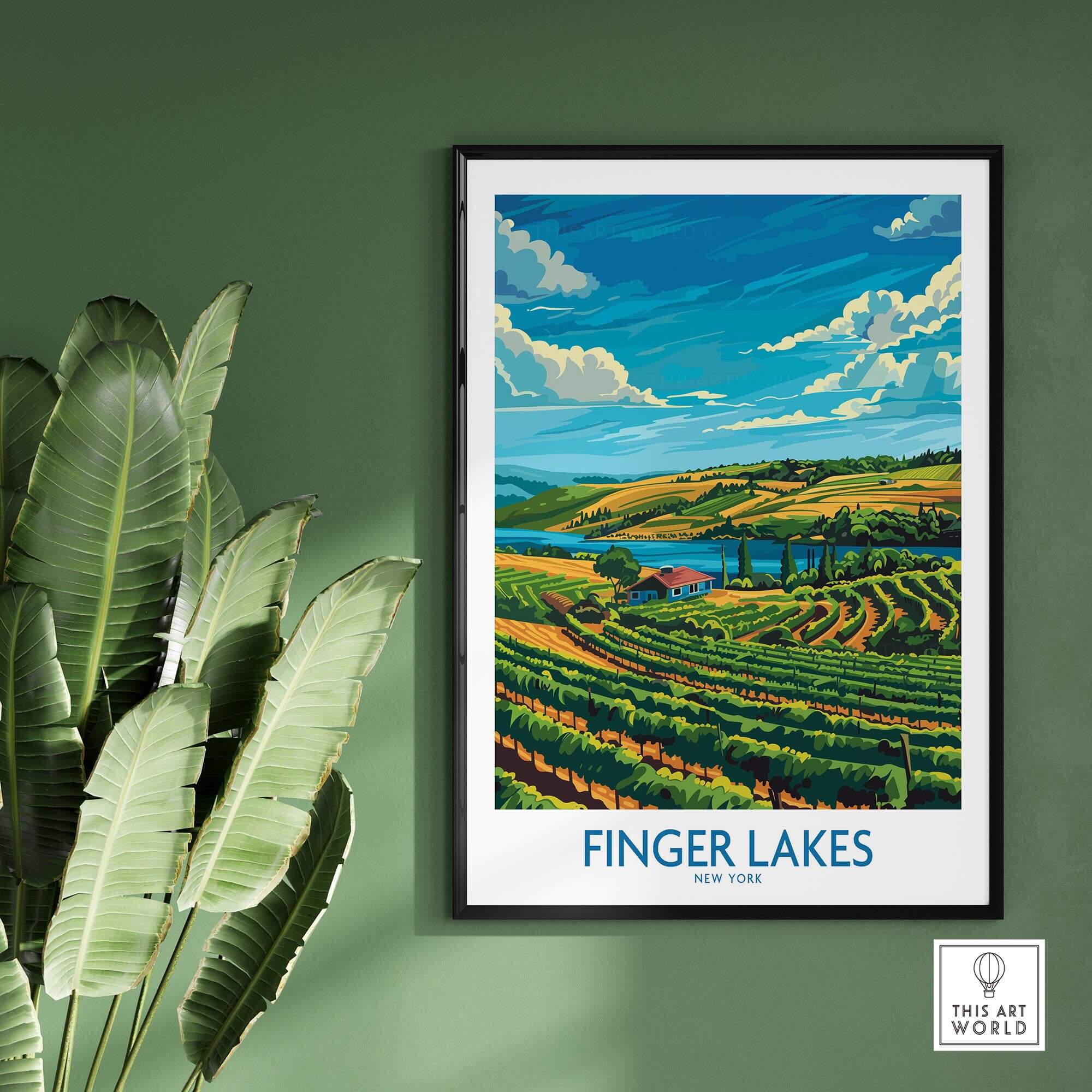 Finger Lakes Poster - Modern featuring a scenic vineyard landscape in New York, perfect decor for wine lovers.