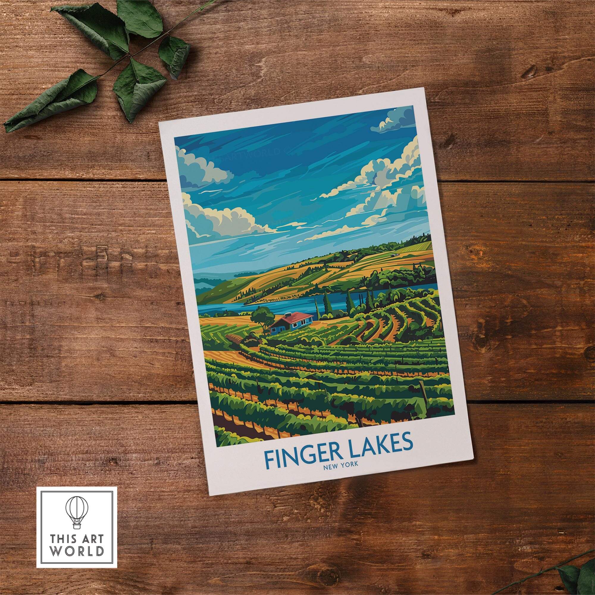 Finger Lakes Poster - Modern showcasing a vibrant vineyard landscape with blue skies and rolling hills.