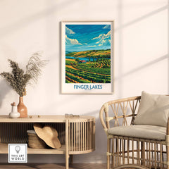 Finger Lakes Poster - Modern displayed in a stylish home setting, capturing the beauty of the Finger Lakes region.