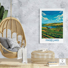 Finger Lakes Poster - Modern showcasing vibrant vineyards and scenic views of the Finger Lakes region.