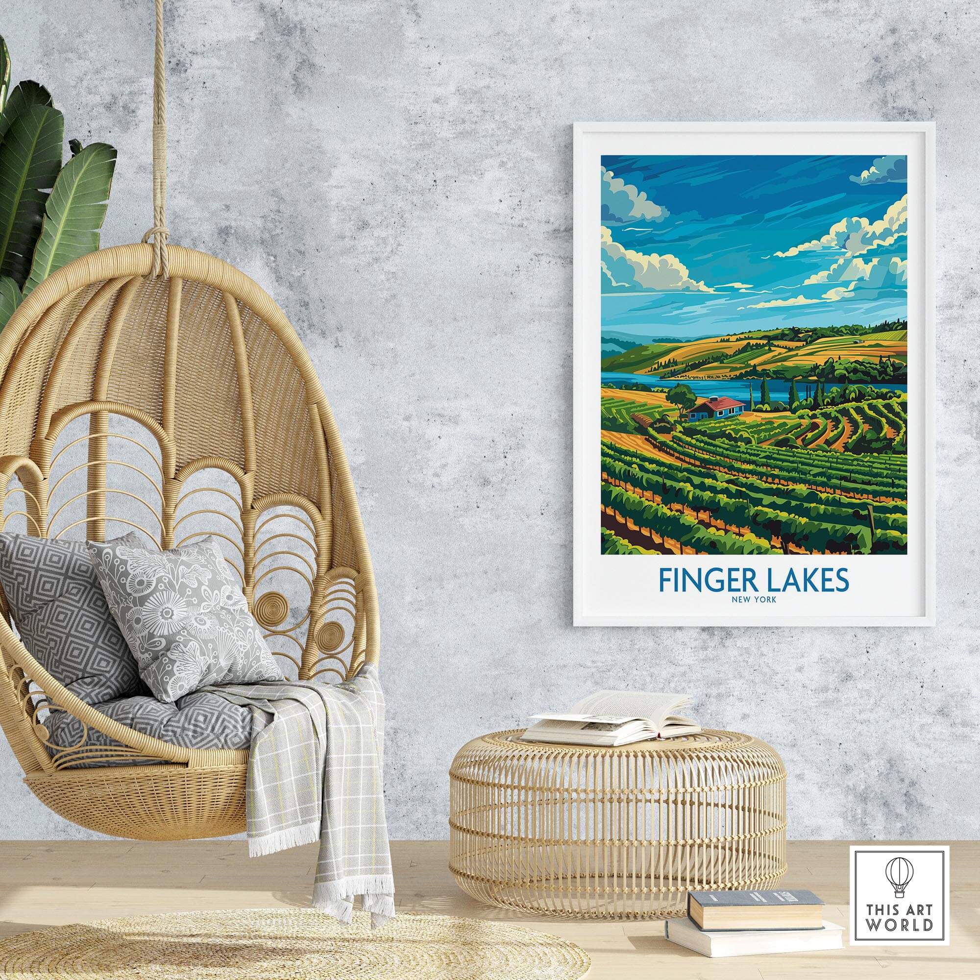 Finger Lakes Poster - Modern showcasing vibrant vineyards and scenic views of the Finger Lakes region.