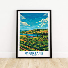 Finger Lakes Poster - Modern showcasing scenic vineyards and blue skies in New York, perfect for wine lovers.