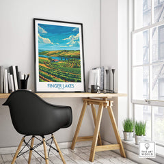 Finger Lakes Poster - Modern displayed in a stylish office setting, showcasing scenic vineyards and landscape.
