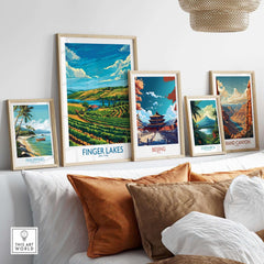 Finger Lakes Poster - Modern displayed among travel art prints in a stylish living room setting.