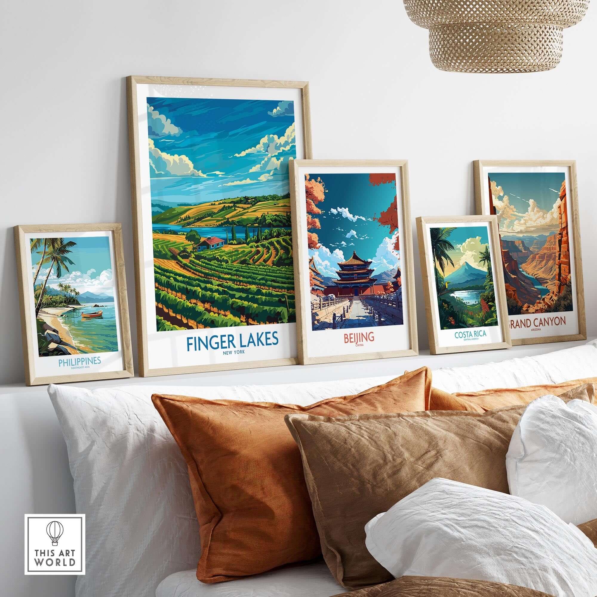 Finger Lakes Poster - Modern displayed among travel art prints in a stylish living room setting.