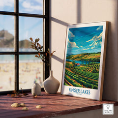 Finger Lakes Poster - Modern showcasing scenic vineyards by a window with beach view.