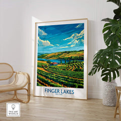Finger Lakes Poster - Modern showcasing picturesque vineyards and lakes in New York's scenic Finger Lakes region.