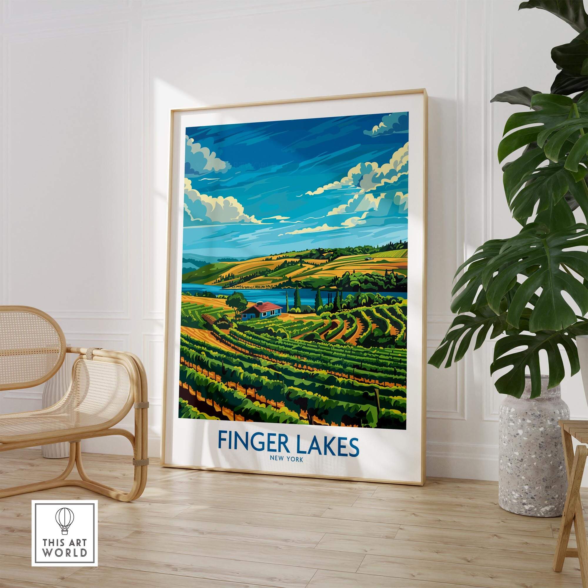 Finger Lakes Poster - Modern showcasing picturesque vineyards and lakes in New York's scenic Finger Lakes region.