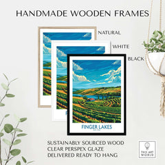 Finger Lakes Poster - Modern displayed in handmade wooden frames in natural, white, and black finishes.
