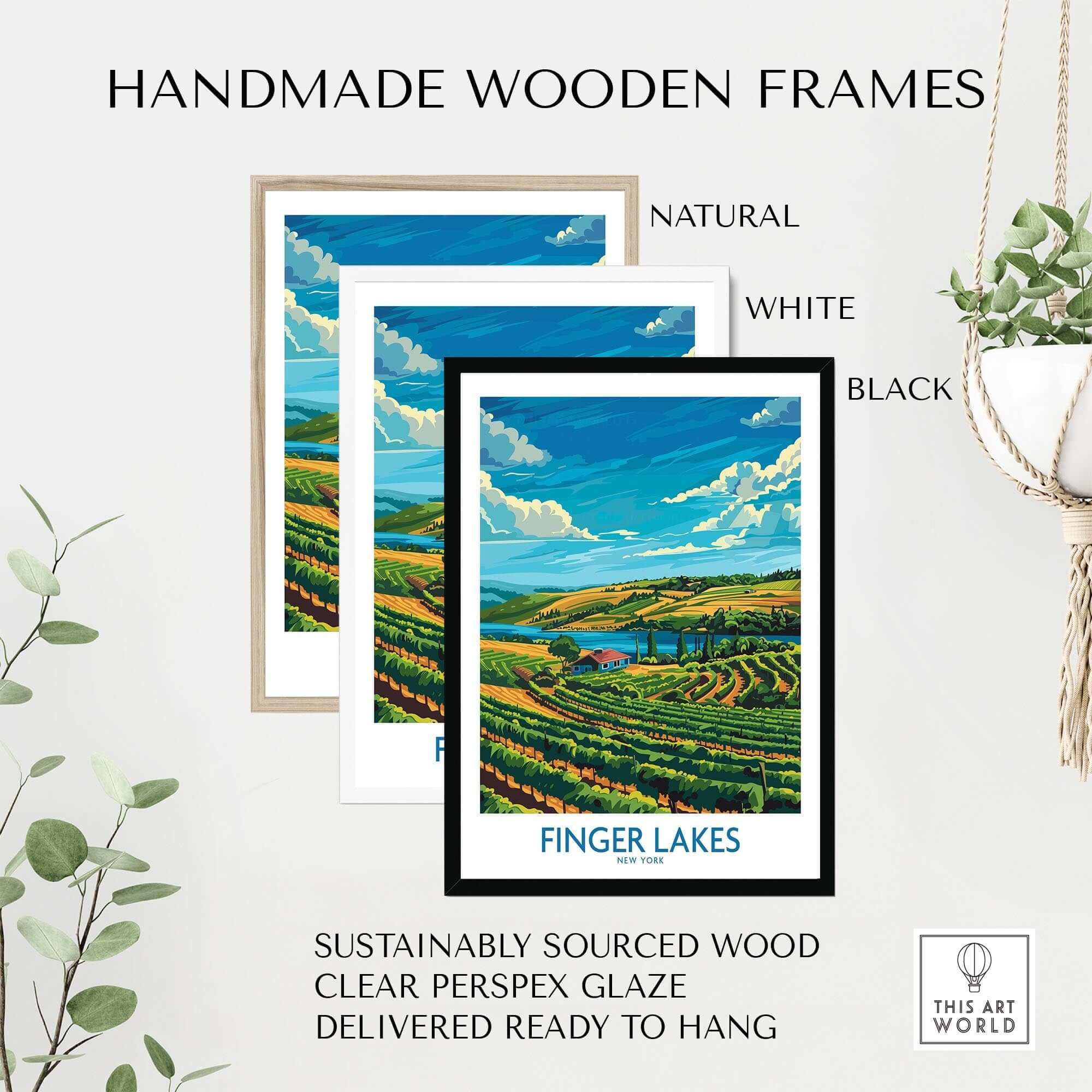 Finger Lakes Poster - Modern displayed in handmade wooden frames in natural, white, and black finishes.