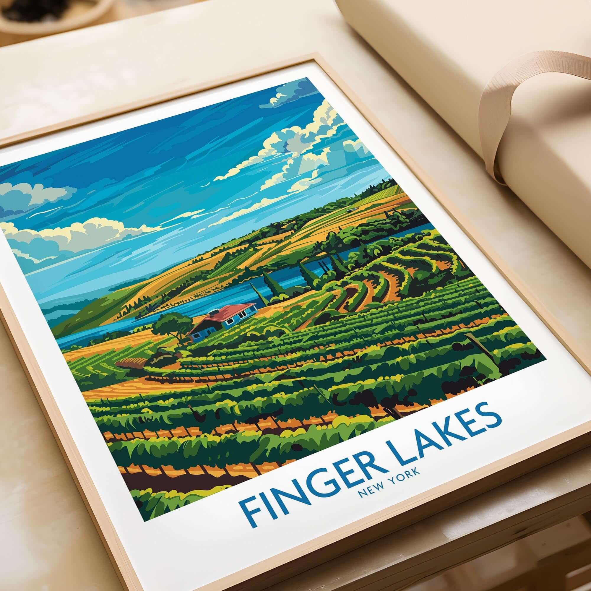 Finger Lakes Poster - Modern featuring scenic vineyards and landscapes of Finger Lakes, New York.