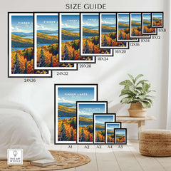 Finger Lakes Poster - New York size guide showcasing various frame sizes and a beautiful autumn landscape.