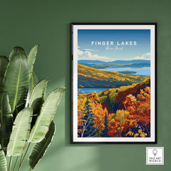 Finger Lakes Poster - New York showcasing vibrant autumn colors and scenic views of the Finger Lakes region.