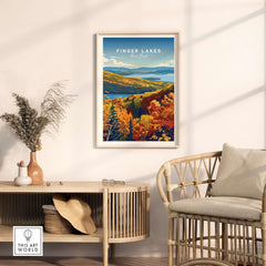Finger Lakes Poster - New York showcasing the vibrant autumn colors and landscape of the Finger Lakes region.