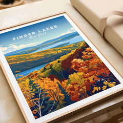 Finger Lakes Poster - New York showcasing vibrant autumn foliage and serene lakes in a beautifully framed design.