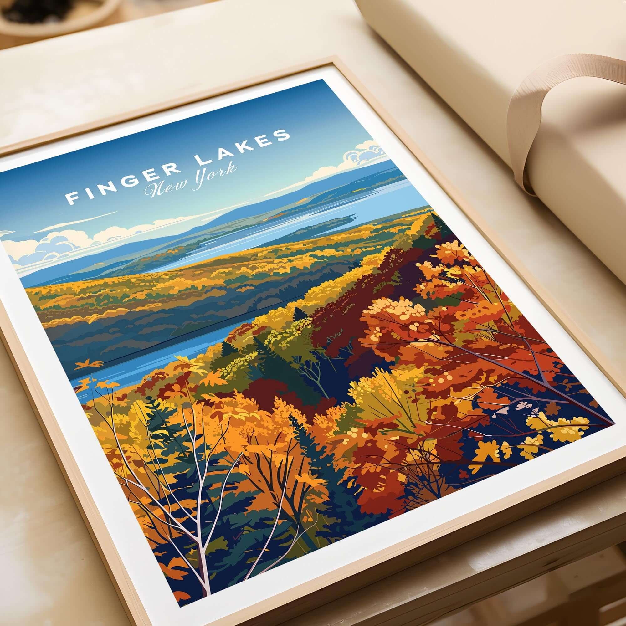 Finger Lakes Poster - New York showcasing vibrant autumn foliage and serene lakes in a beautifully framed design.