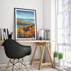 Finger Lakes Poster - New York showcasing vibrant autumn colors in a stylish home office decor.