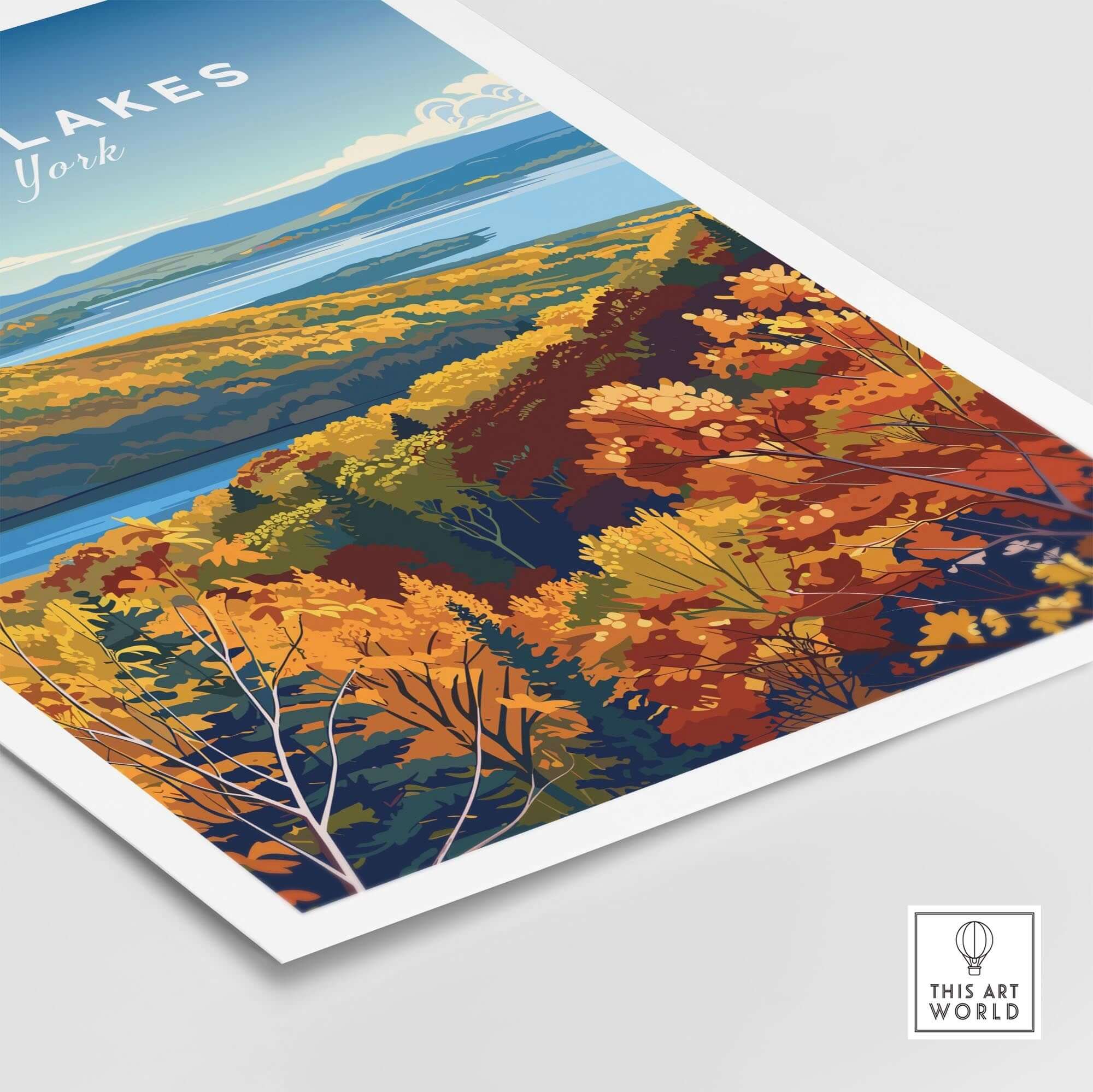 Finger Lakes Poster - New York featuring vibrant autumn landscape and serene lake view, perfect for wall art.