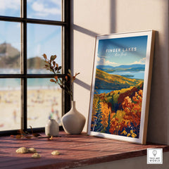 Finger Lakes Poster - New York displayed in a cozy room with autumn colors, highlighting the beauty of the Finger Lakes region.