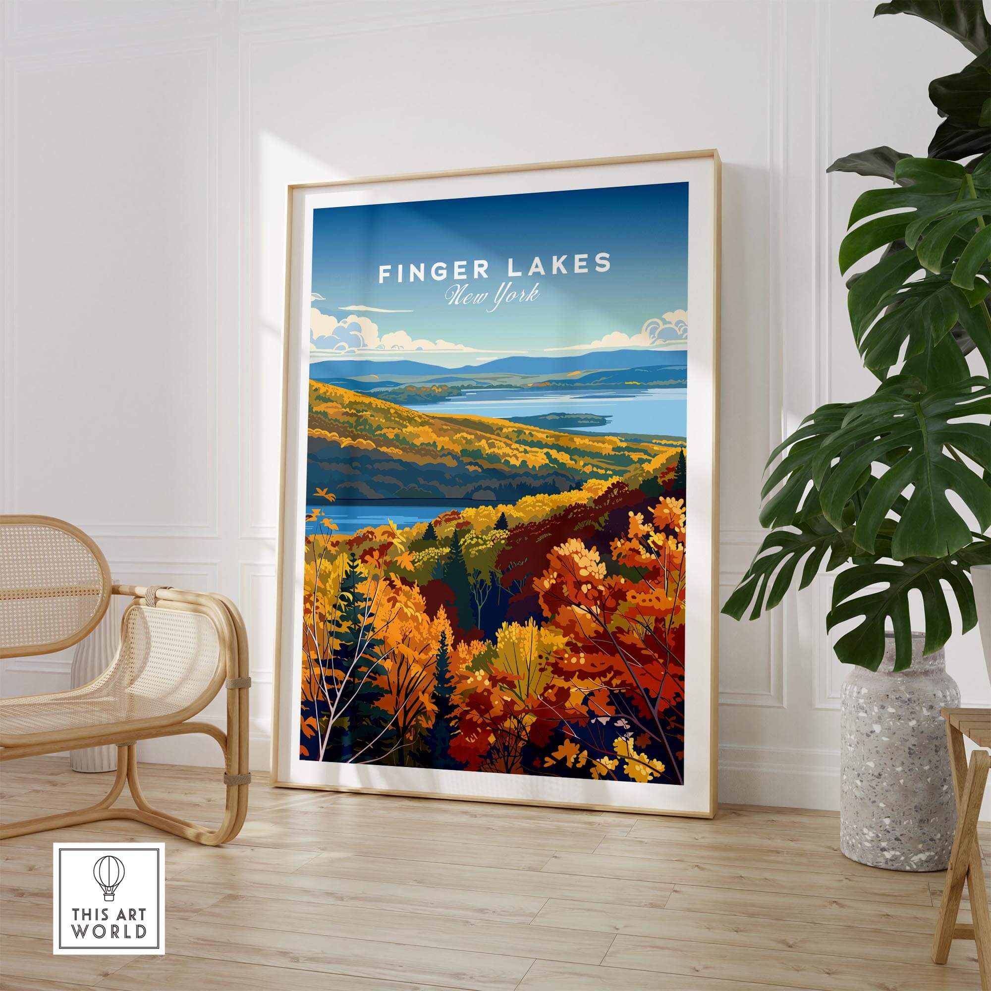 Finger Lakes Poster - New York showcasing vibrant autumn colors and scenic views of the Finger Lakes region.
