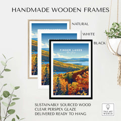 Finger Lakes Poster - New York displayed in three handmade wooden frames: natural, white, and black.