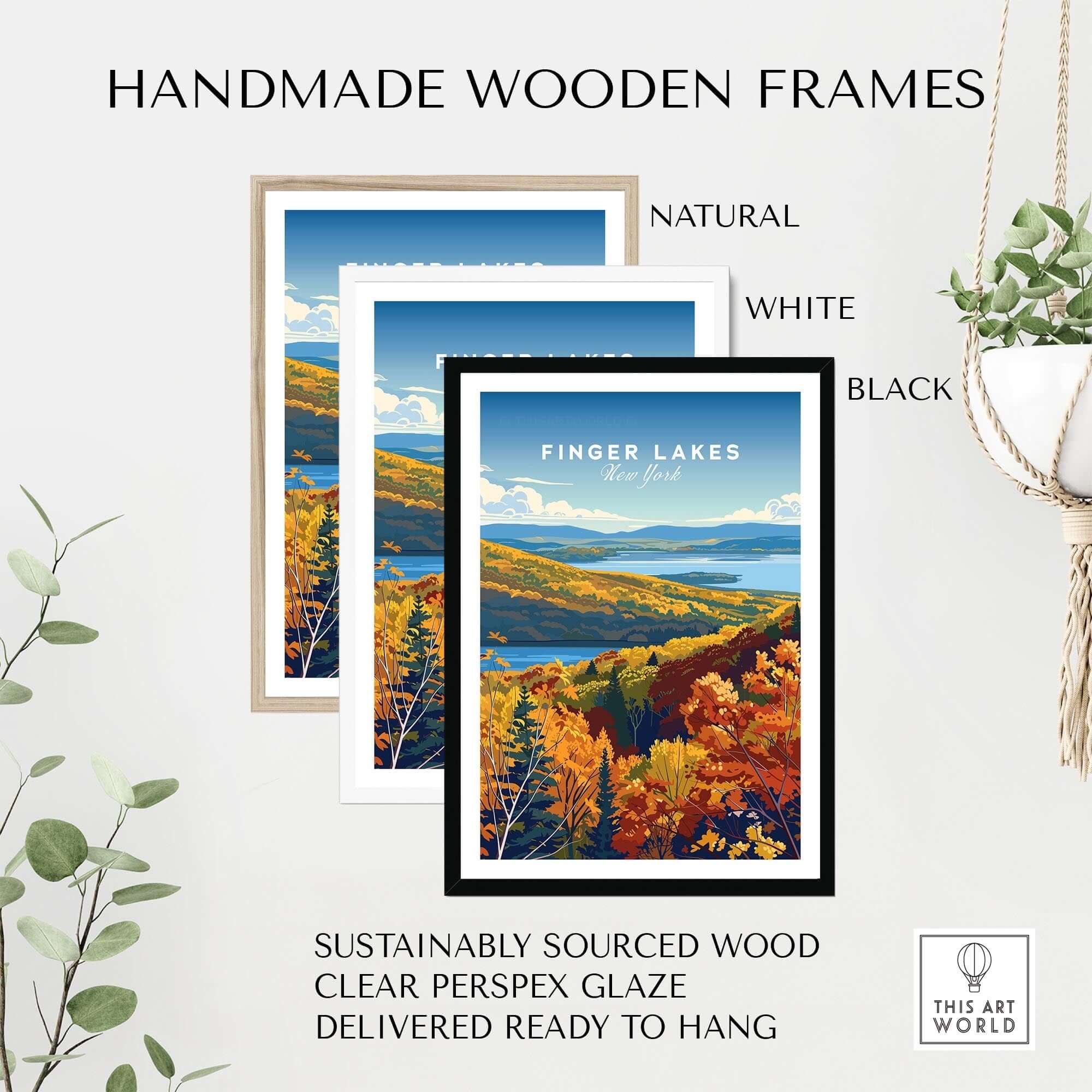 Finger Lakes Poster - New York displayed in three handmade wooden frames: natural, white, and black.