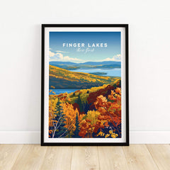 Finger Lakes Poster - New York showcasing vibrant fall colors and scenic landscapes of the Finger Lakes region.