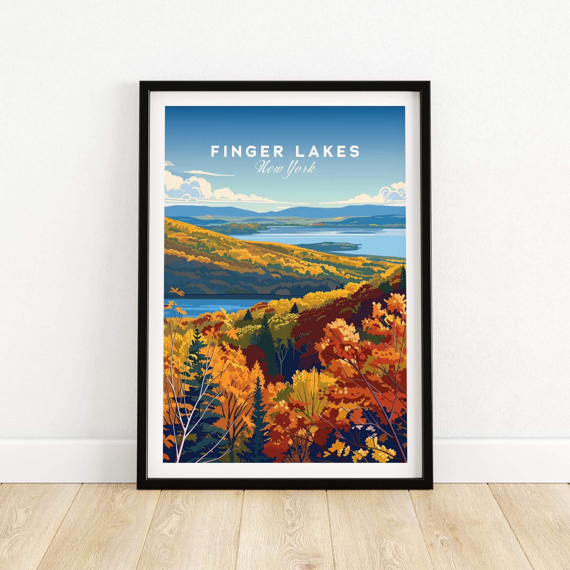 Finger Lakes Poster - New York showcasing vibrant fall colors and scenic landscapes of the Finger Lakes region.