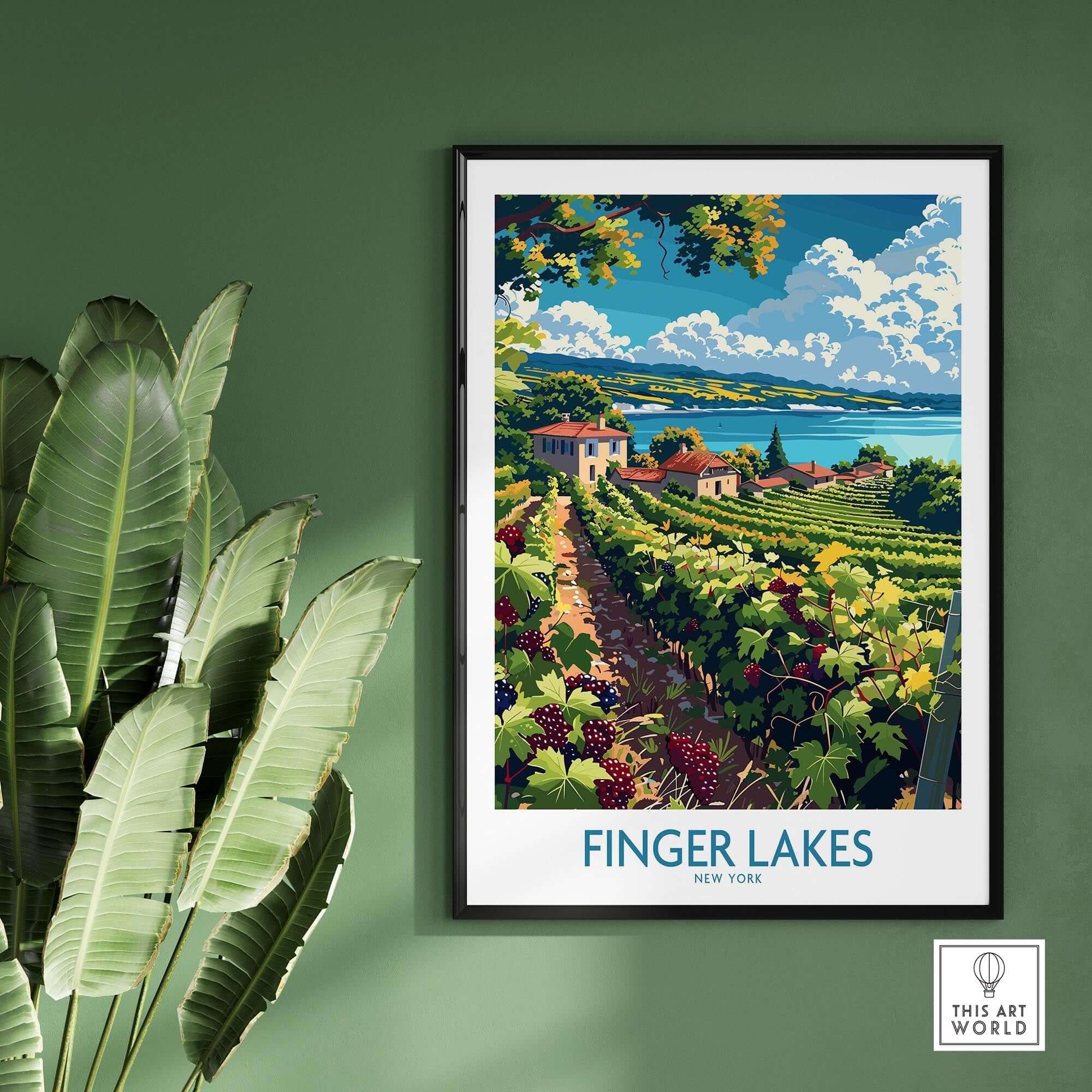 Finger Lakes Poster - Wine Region showcasing vineyards and scenic landscapes of New York's Finger Lakes.
