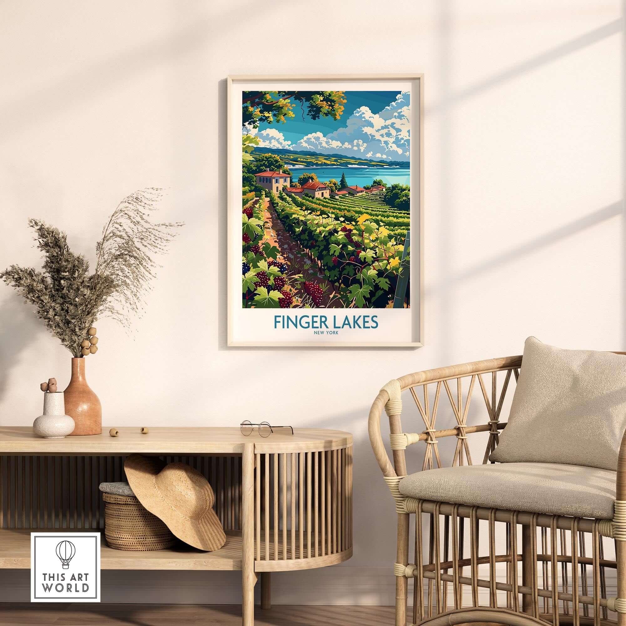 Finger Lakes Poster - Wine Region displayed in a stylish interior with a scenic vineyard view.