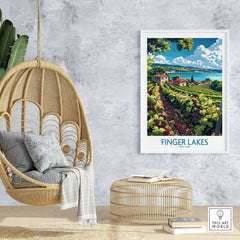 Finger Lakes Poster - Wine Region showcasing vineyards and scenic landscapes of New York's wine country.