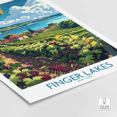 Finger Lakes Poster - Wine Region showcasing vineyards and scenic beauty of New York's wine country.