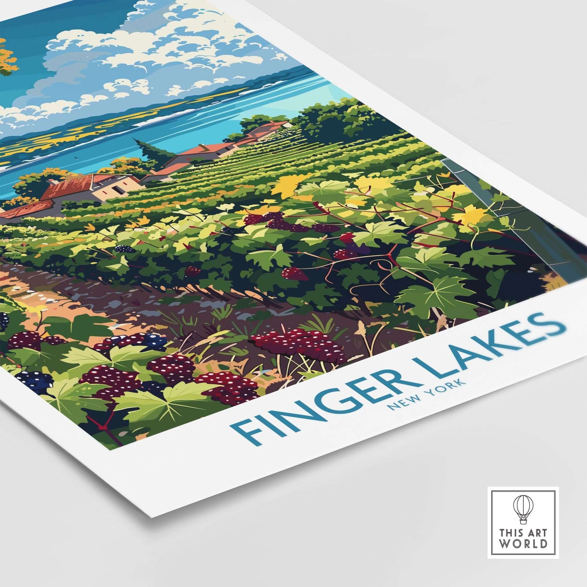 Finger Lakes Poster - Wine Region showcasing vineyards and scenic beauty of New York's wine country.