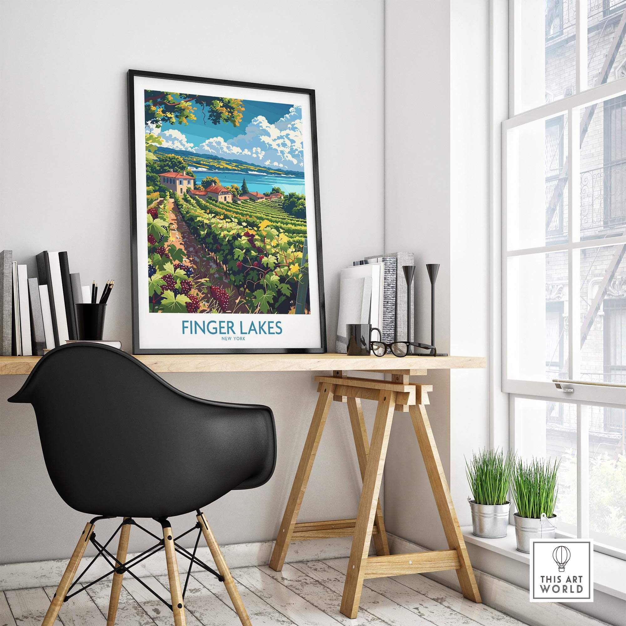 Finger Lakes Poster - Wine Region displayed in a modern workspace with a scenic vineyard backdrop.