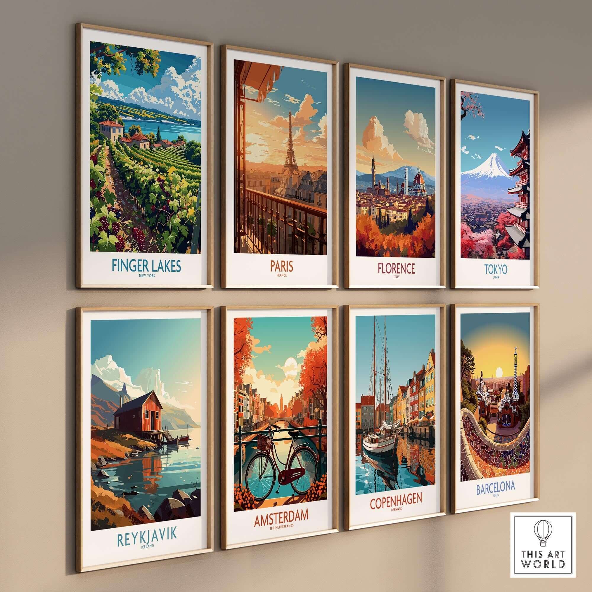 Colorful Finger Lakes Poster - Wine Region and global cities artwork displayed on a wall.