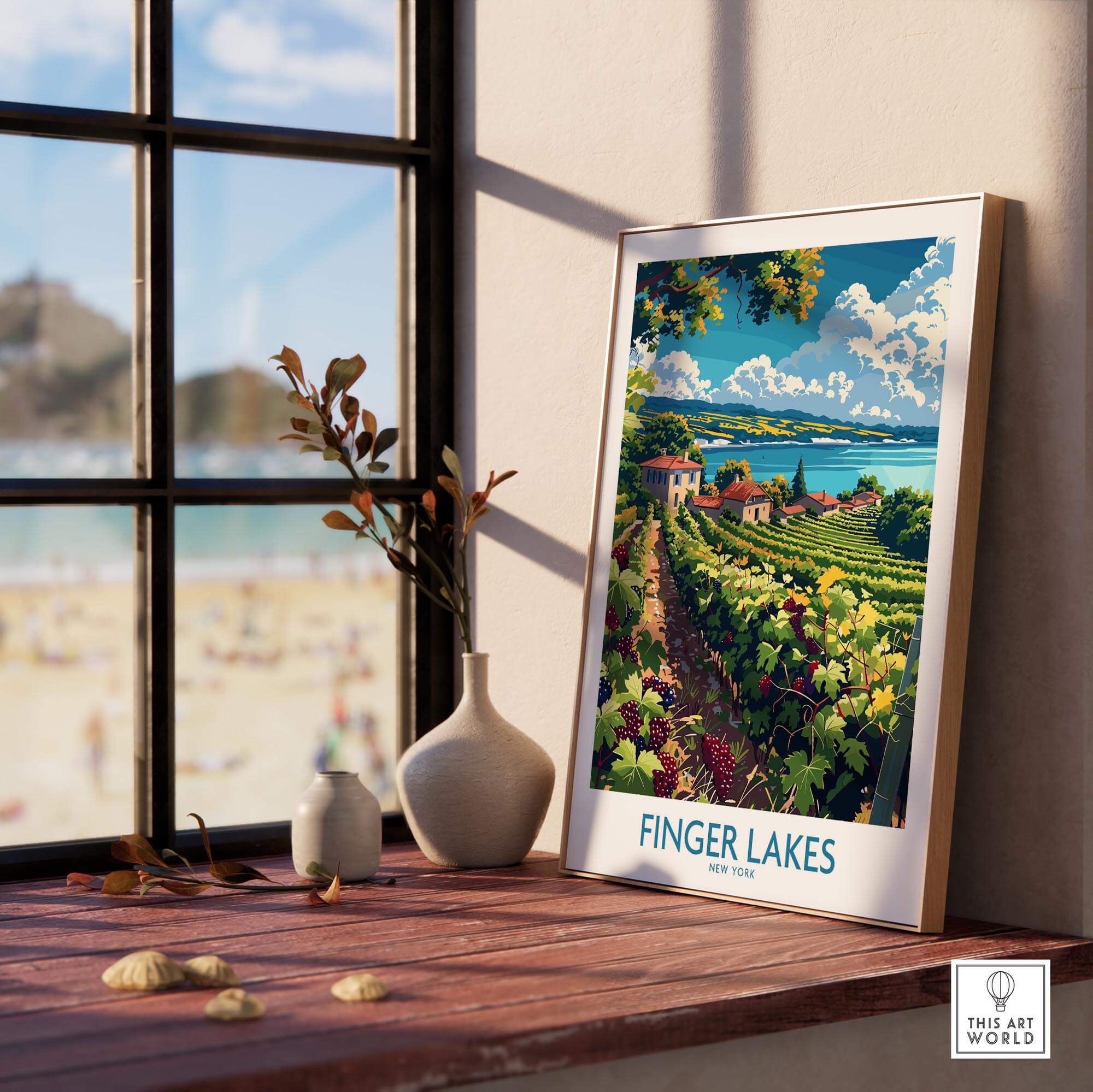 Finger Lakes Poster - Wine Region displayed indoors near a window with vineyards and scenic landscape.