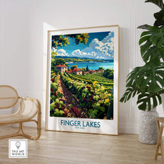 Finger Lakes Poster - Wine Region showcasing vibrant vineyards and scenic landscapes of New York's wine country.