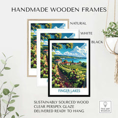 Handmade wooden frames featuring Finger Lakes Poster - Wine Region in natural, white, and black options.