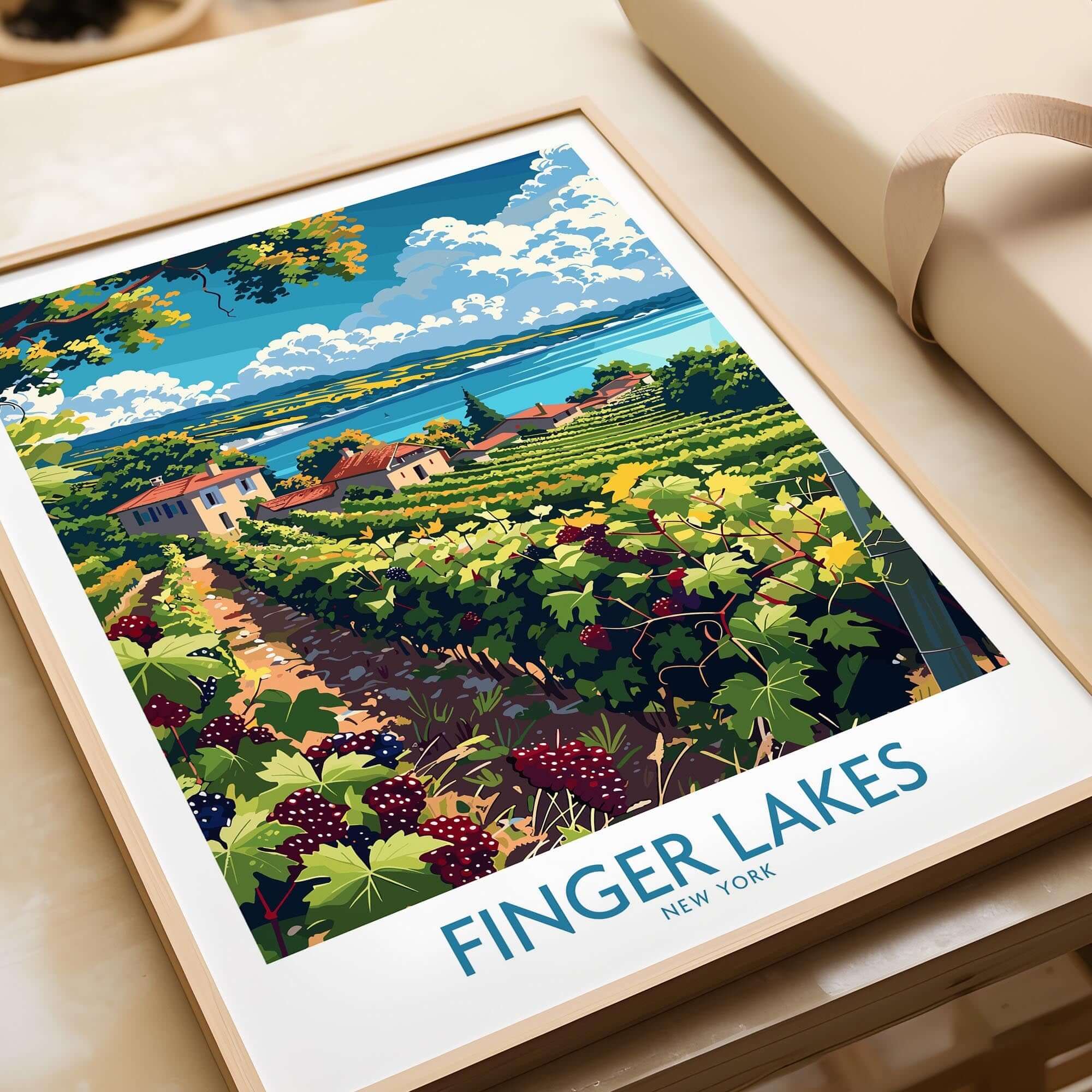 Finger Lakes Poster - Wine Region featuring scenic vineyards and landscapes of New York's wine country.