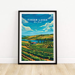 Finger Lakes Poster showcasing vibrant vineyards and scenic views of New York State.
