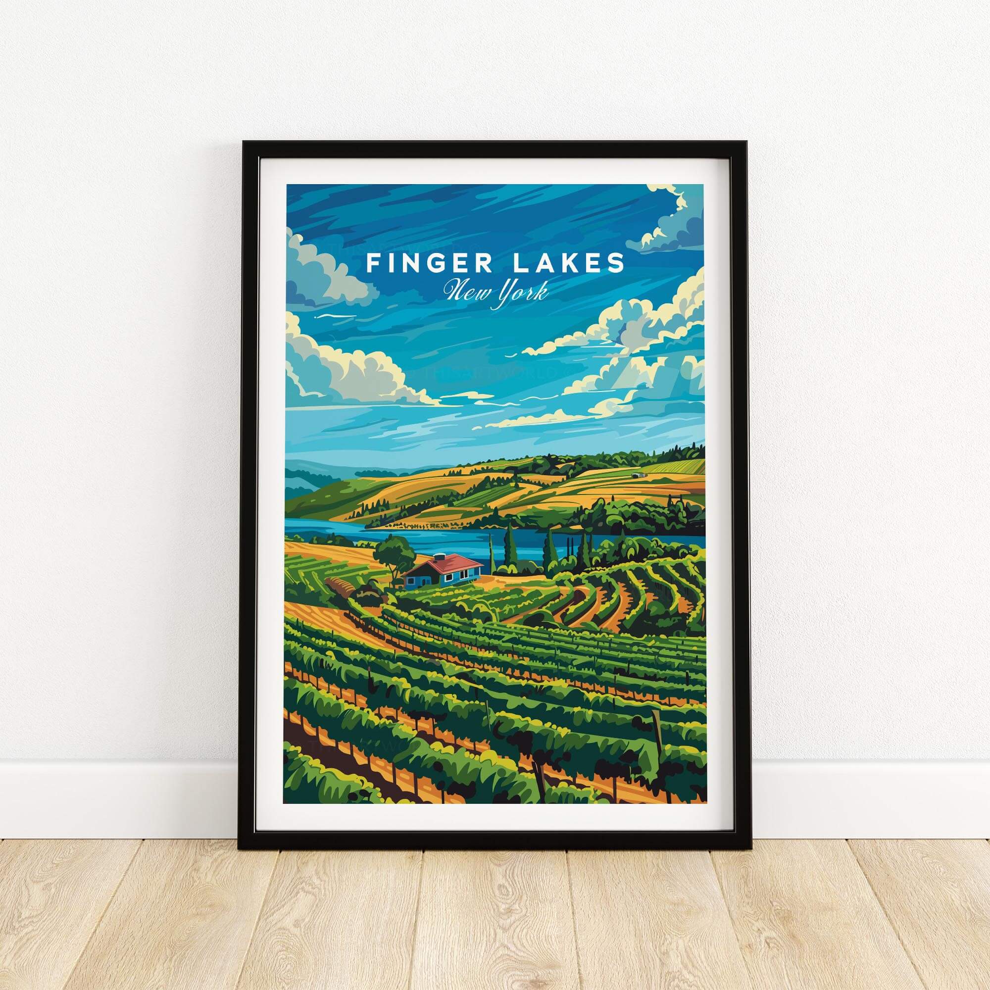 Finger Lakes Poster showcasing vibrant vineyards and scenic views of New York State.